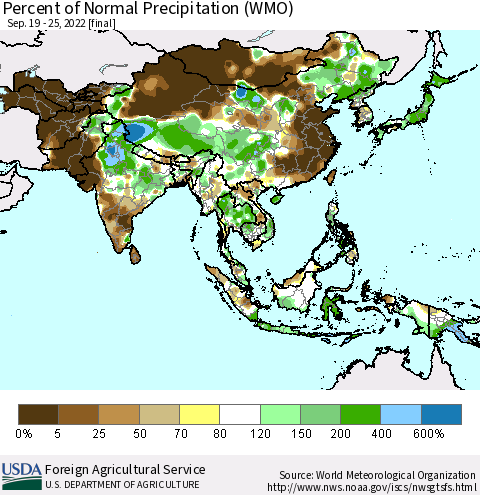 Asia Percent of Normal Precipitation (WMO) Thematic Map For 9/19/2022 - 9/25/2022