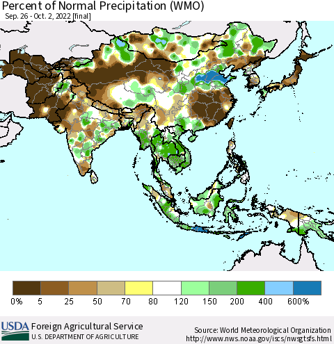 Asia Percent of Normal Precipitation (WMO) Thematic Map For 9/26/2022 - 10/2/2022