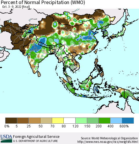 Asia Percent of Normal Precipitation (WMO) Thematic Map For 10/3/2022 - 10/9/2022