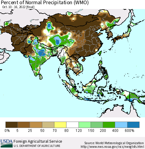 Asia Percent of Normal Precipitation (WMO) Thematic Map For 10/10/2022 - 10/16/2022