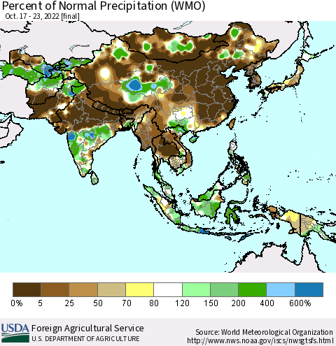 Asia Percent of Normal Precipitation (WMO) Thematic Map For 10/17/2022 - 10/23/2022
