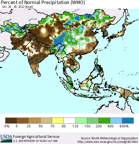 Asia Percent of Normal Precipitation (WMO) Thematic Map For 10/24/2022 - 10/30/2022