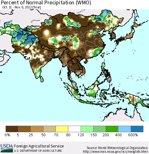 Asia Percent of Normal Precipitation (WMO) Thematic Map For 10/31/2022 - 11/6/2022
