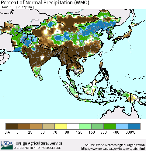Asia Percent of Normal Precipitation (WMO) Thematic Map For 11/7/2022 - 11/13/2022