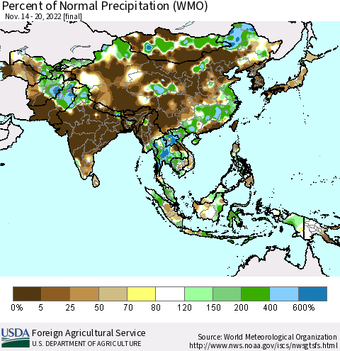 Asia Percent of Normal Precipitation (WMO) Thematic Map For 11/14/2022 - 11/20/2022