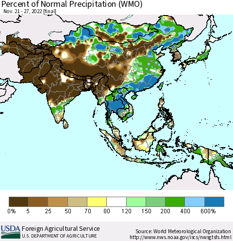 Asia Percent of Normal Precipitation (WMO) Thematic Map For 11/21/2022 - 11/27/2022