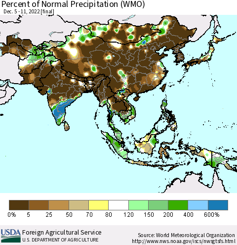 Asia Percent of Normal Precipitation (WMO) Thematic Map For 12/5/2022 - 12/11/2022