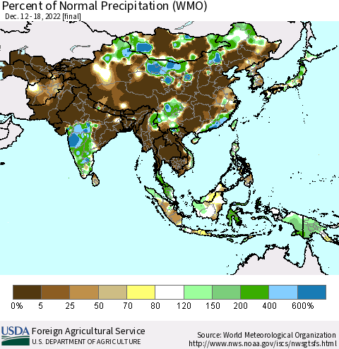 Asia Percent of Normal Precipitation (WMO) Thematic Map For 12/12/2022 - 12/18/2022