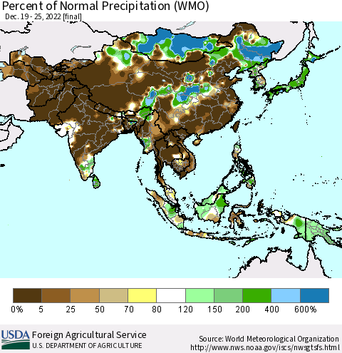 Asia Percent of Normal Precipitation (WMO) Thematic Map For 12/19/2022 - 12/25/2022