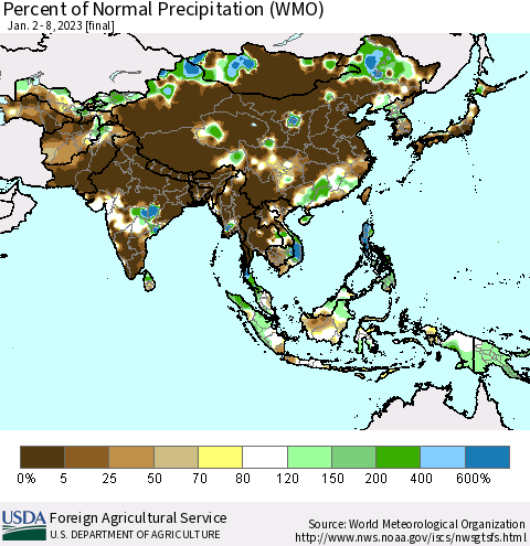 Asia Percent of Normal Precipitation (WMO) Thematic Map For 1/2/2023 - 1/8/2023