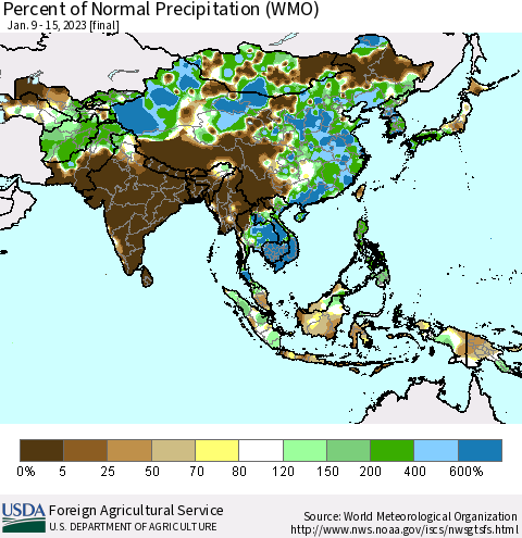 Asia Percent of Normal Precipitation (WMO) Thematic Map For 1/9/2023 - 1/15/2023