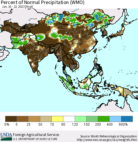 Asia Percent of Normal Precipitation (WMO) Thematic Map For 1/16/2023 - 1/22/2023