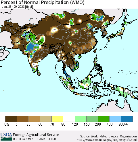 Asia Percent of Normal Precipitation (WMO) Thematic Map For 1/23/2023 - 1/29/2023