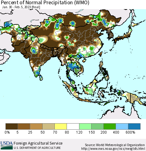 Asia Percent of Normal Precipitation (WMO) Thematic Map For 1/30/2023 - 2/5/2023