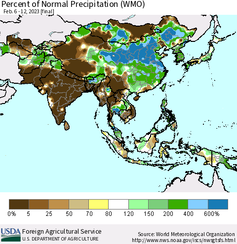 Asia Percent of Normal Precipitation (WMO) Thematic Map For 2/6/2023 - 2/12/2023
