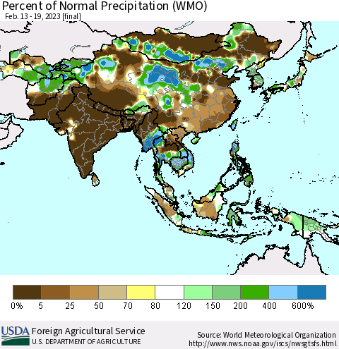 Asia Percent of Normal Precipitation (WMO) Thematic Map For 2/13/2023 - 2/19/2023