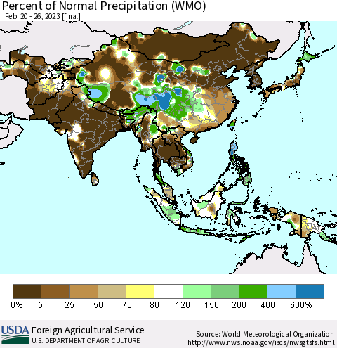 Asia Percent of Normal Precipitation (WMO) Thematic Map For 2/20/2023 - 2/26/2023