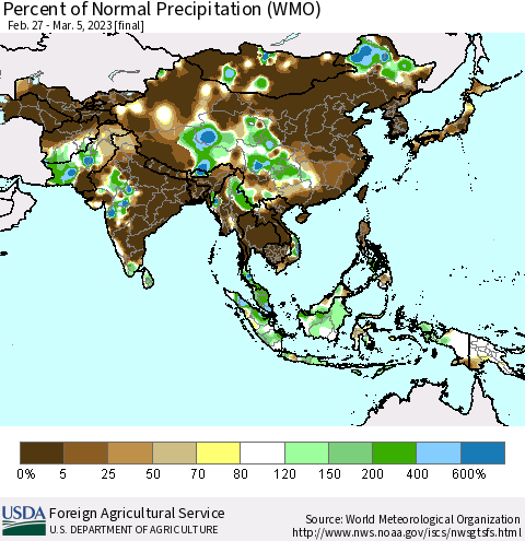 Asia Percent of Normal Precipitation (WMO) Thematic Map For 2/27/2023 - 3/5/2023