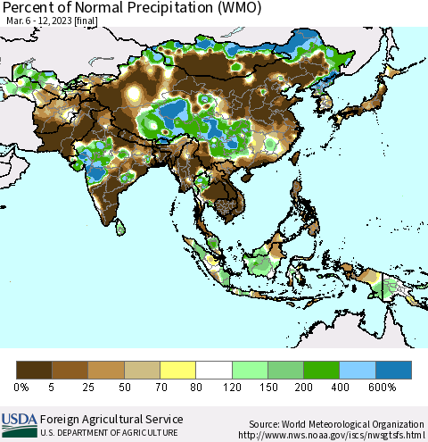 Asia Percent of Normal Precipitation (WMO) Thematic Map For 3/6/2023 - 3/12/2023