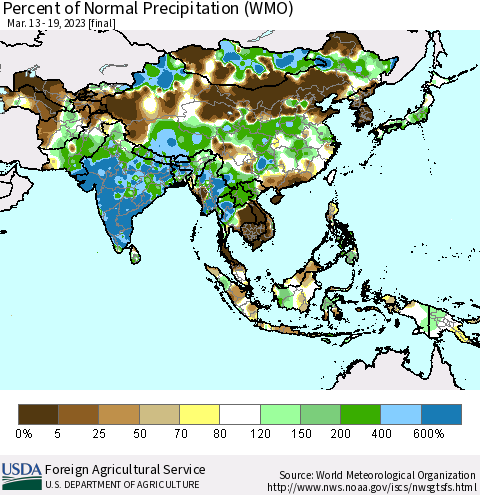 Asia Percent of Normal Precipitation (WMO) Thematic Map For 3/13/2023 - 3/19/2023