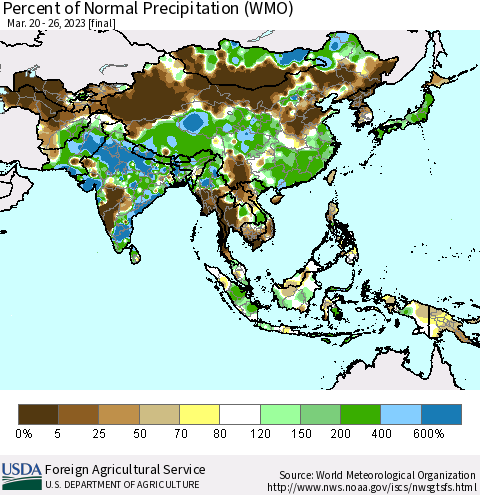 Asia Percent of Normal Precipitation (WMO) Thematic Map For 3/20/2023 - 3/26/2023