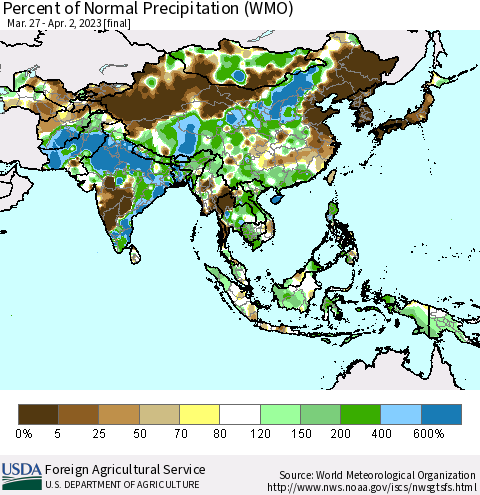 Asia Percent of Normal Precipitation (WMO) Thematic Map For 3/27/2023 - 4/2/2023