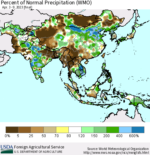 Asia Percent of Normal Precipitation (WMO) Thematic Map For 4/3/2023 - 4/9/2023
