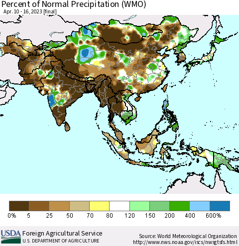 Asia Percent of Normal Precipitation (WMO) Thematic Map For 4/10/2023 - 4/16/2023