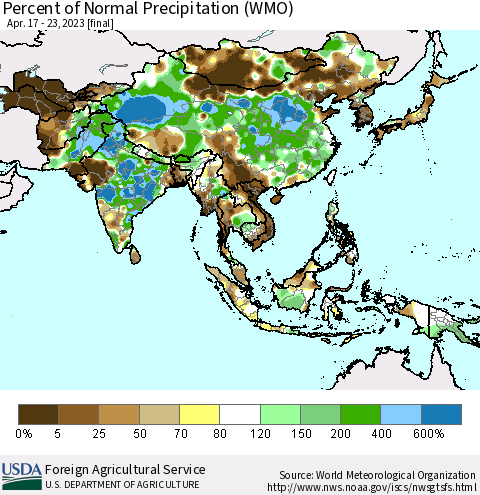 Asia Percent of Normal Precipitation (WMO) Thematic Map For 4/17/2023 - 4/23/2023