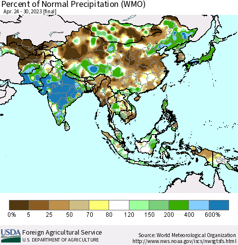 Asia Percent of Normal Precipitation (WMO) Thematic Map For 4/24/2023 - 4/30/2023