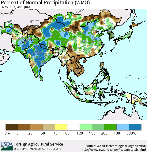 Asia Percent of Normal Precipitation (WMO) Thematic Map For 5/1/2023 - 5/7/2023