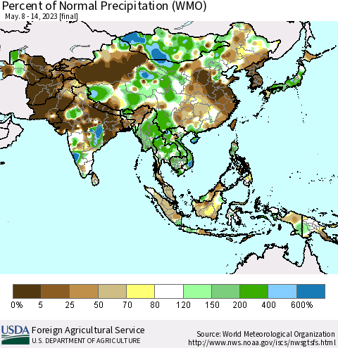 Asia Percent of Normal Precipitation (WMO) Thematic Map For 5/8/2023 - 5/14/2023