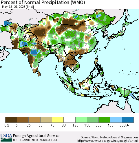 Asia Percent of Normal Precipitation (WMO) Thematic Map For 5/15/2023 - 5/21/2023