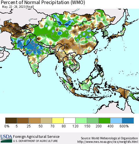 Asia Percent of Normal Precipitation (WMO) Thematic Map For 5/22/2023 - 5/28/2023