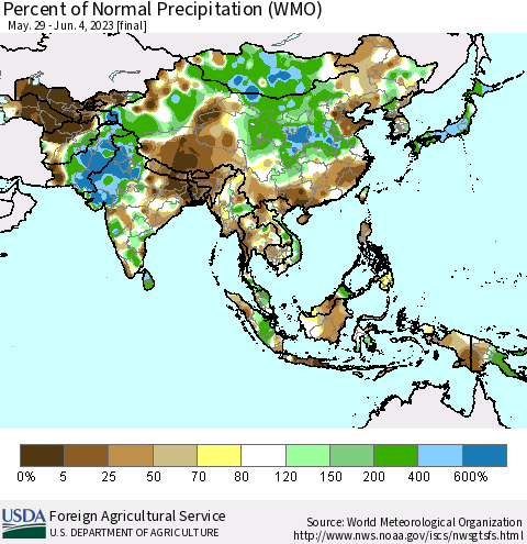 Asia Percent of Normal Precipitation (WMO) Thematic Map For 5/29/2023 - 6/4/2023
