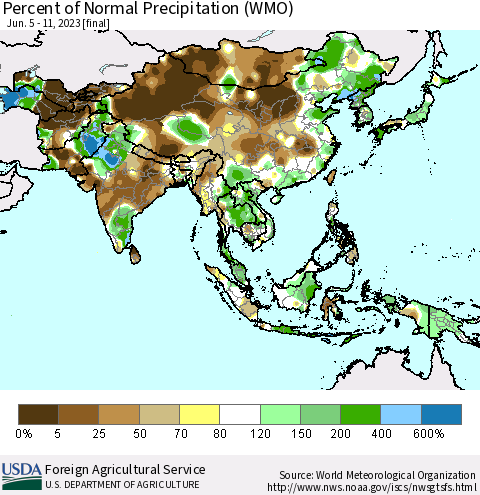Asia Percent of Normal Precipitation (WMO) Thematic Map For 6/5/2023 - 6/11/2023
