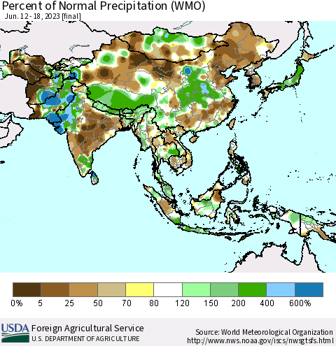 Asia Percent of Normal Precipitation (WMO) Thematic Map For 6/12/2023 - 6/18/2023