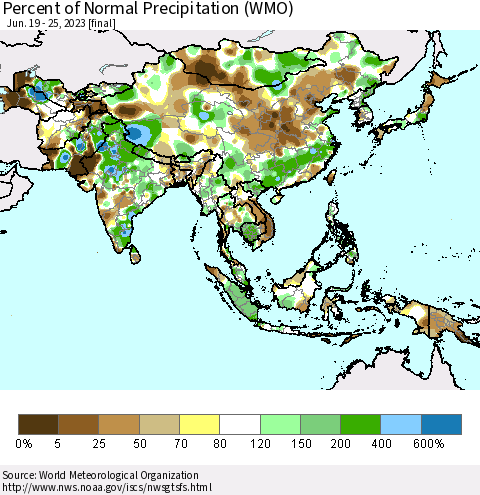 Asia Percent of Normal Precipitation (WMO) Thematic Map For 6/19/2023 - 6/25/2023