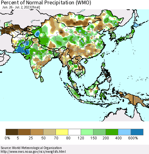 Asia Percent of Normal Precipitation (WMO) Thematic Map For 6/26/2023 - 7/2/2023