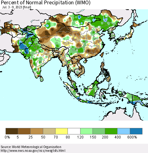 Asia Percent of Normal Precipitation (WMO) Thematic Map For 7/3/2023 - 7/9/2023