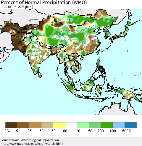 Asia Percent of Normal Precipitation (WMO) Thematic Map For 7/10/2023 - 7/16/2023