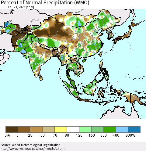 Asia Percent of Normal Precipitation (WMO) Thematic Map For 7/17/2023 - 7/23/2023