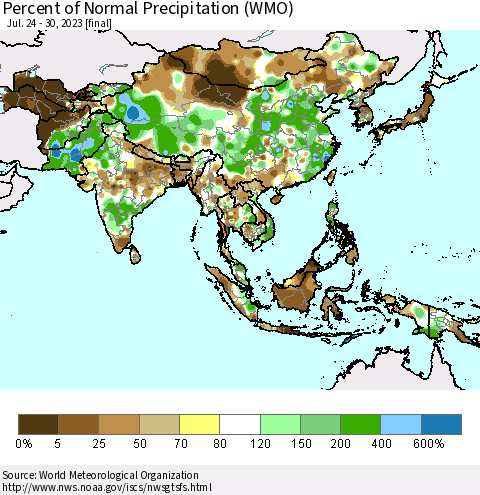 Asia Percent of Normal Precipitation (WMO) Thematic Map For 7/24/2023 - 7/30/2023