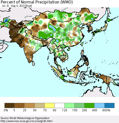 Asia Percent of Normal Precipitation (WMO) Thematic Map For 7/31/2023 - 8/6/2023