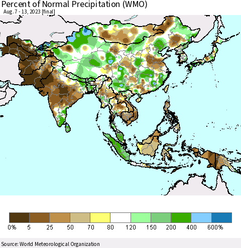 Asia Percent of Normal Precipitation (WMO) Thematic Map For 8/7/2023 - 8/13/2023