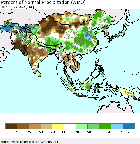 Asia Percent of Normal Precipitation (WMO) Thematic Map For 8/21/2023 - 8/27/2023