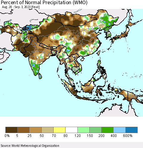 Asia Percent of Normal Precipitation (WMO) Thematic Map For 8/28/2023 - 9/3/2023