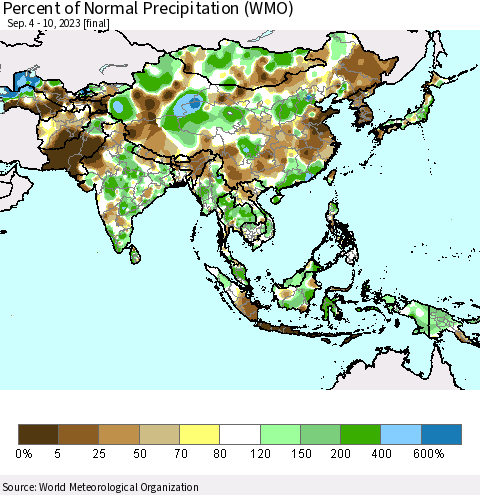 Asia Percent of Normal Precipitation (WMO) Thematic Map For 9/4/2023 - 9/10/2023