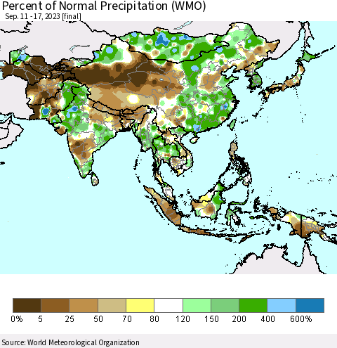 Asia Percent of Normal Precipitation (WMO) Thematic Map For 9/11/2023 - 9/17/2023
