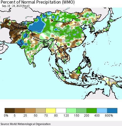 Asia Percent of Normal Precipitation (WMO) Thematic Map For 9/18/2023 - 9/24/2023